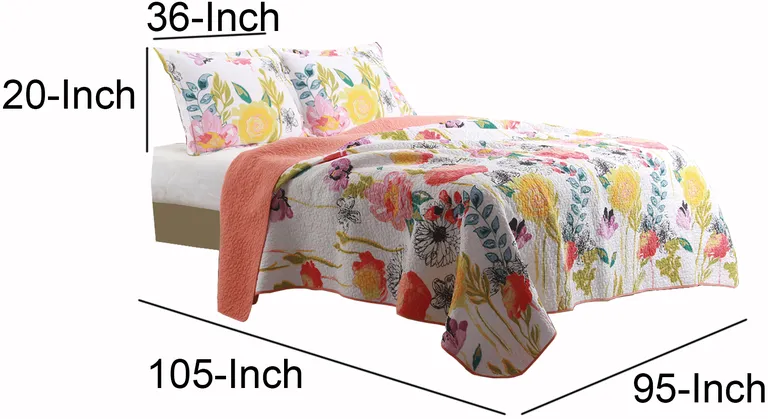 3 Piece Cotton King Size Quilt Set with Stencil Flower Print Photo 4