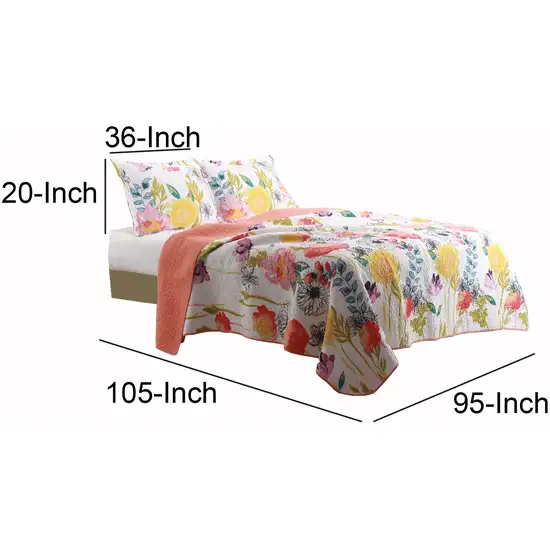 3 Piece Cotton King Size Quilt Set with Stencil Flower Print Photo 4