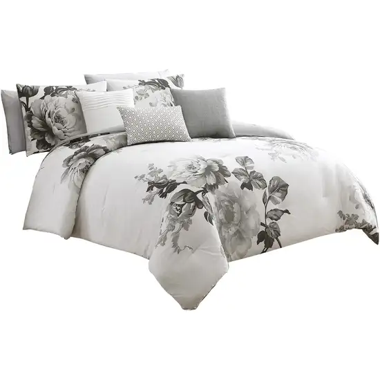 7 Piece Cotton Queen Comforter Set with Floral Print Photo 1