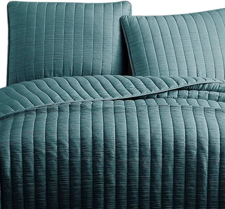 3 Piece Crinkle King Coverlet Set with Vertical Stitching, Turquoise Photo 3