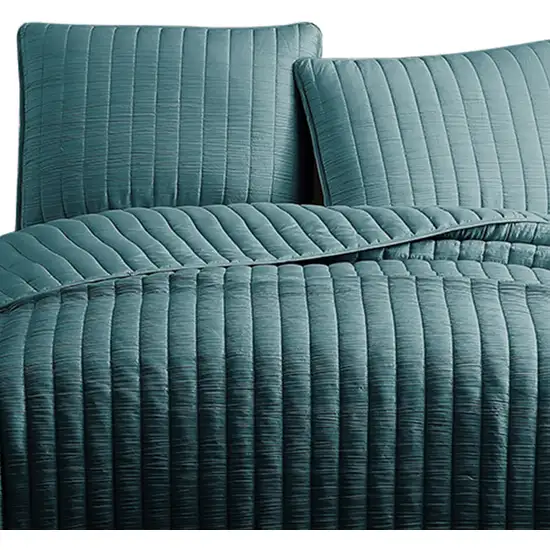 3 Piece Crinkle King Coverlet Set with Vertical Stitching, Turquoise Photo 3