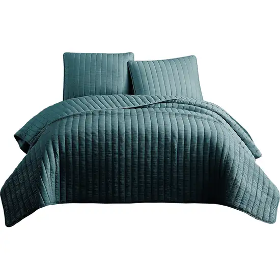 3 Piece Crinkle King Coverlet Set with Vertical Stitching, Turquoise Photo 1