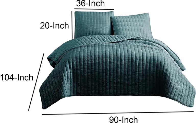 3 Piece Crinkle King Coverlet Set with Vertical Stitching, Turquoise Photo 5