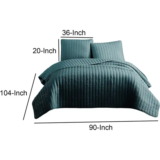 3 Piece Crinkle King Coverlet Set with Vertical Stitching, Turquoise Photo 5