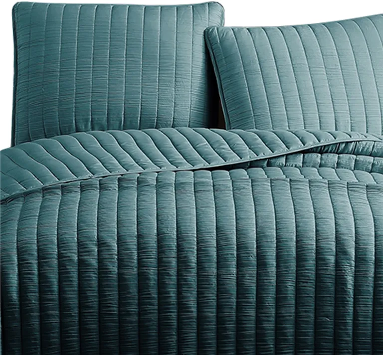 3 Piece Crinkle Queen Coverlet Set with Vertical Stitching, Turquoise Photo 3