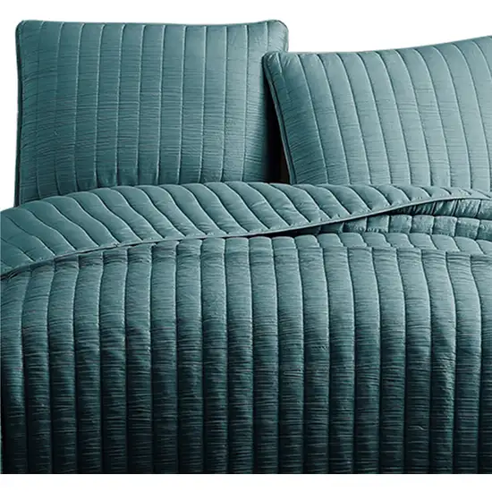 3 Piece Crinkle Queen Coverlet Set with Vertical Stitching, Turquoise Photo 3