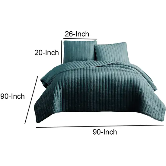 3 Piece Crinkle Queen Coverlet Set with Vertical Stitching, Turquoise Photo 5