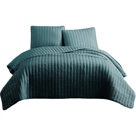 3 Piece Crinkle Queen Coverlet Set with Vertical Stitching, Turquoise Photo 1