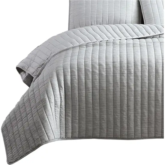 3 Piece Crinkle Queen Size Coverlet Set with Vertical Stitching,Light Gray Photo 3