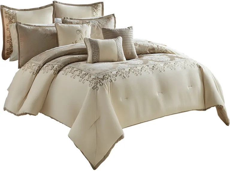 10 Piece King Polyester Comforter Set with Damask Print Photo 1