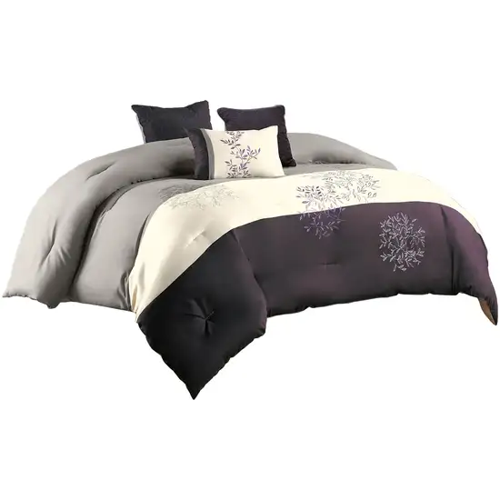 7 Piece King Polyester Comforter Set with Leaf Embroidery Photo 1