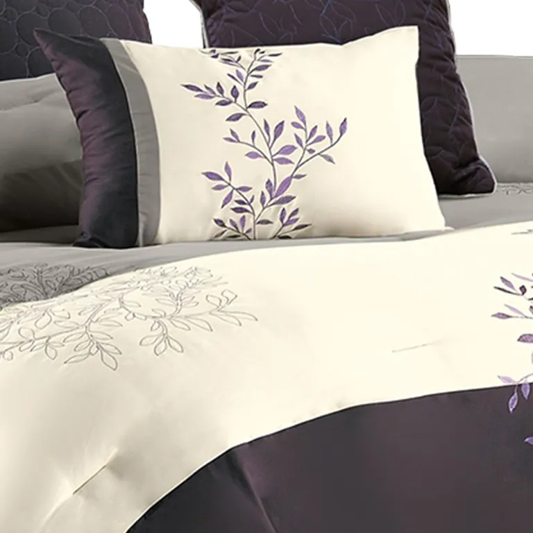7 Piece King Polyester Comforter Set with Leaf Embroidery Photo 2