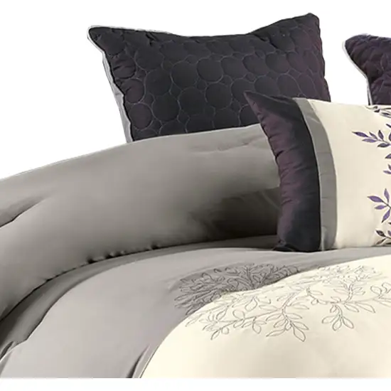 7 Piece King Polyester Comforter Set with Leaf Embroidery Photo 3