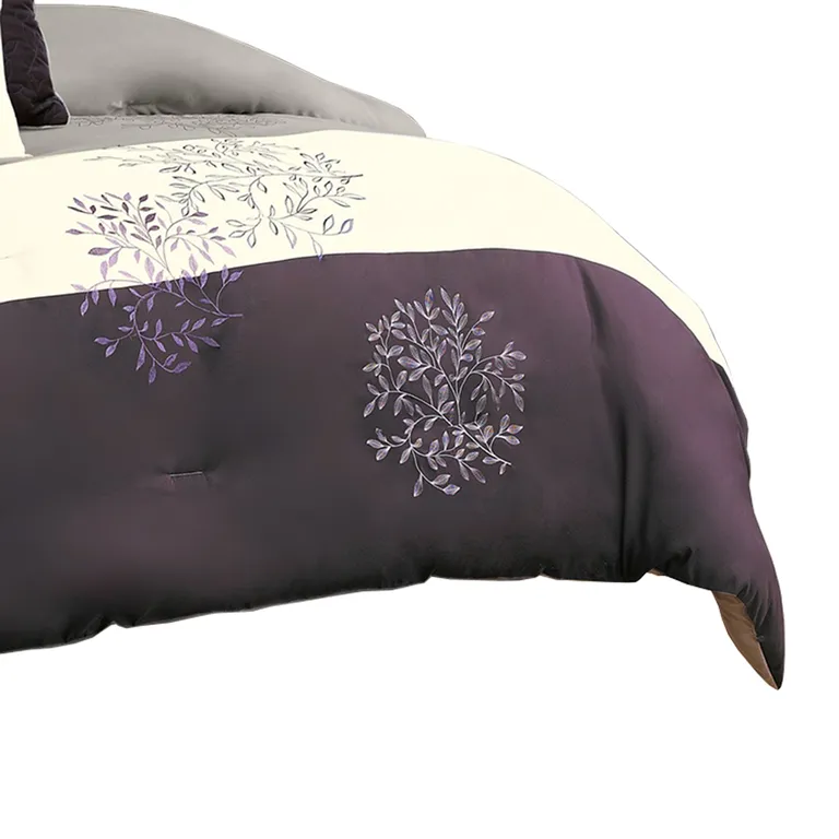 7 Piece King Polyester Comforter Set with Leaf Embroidery Photo 5