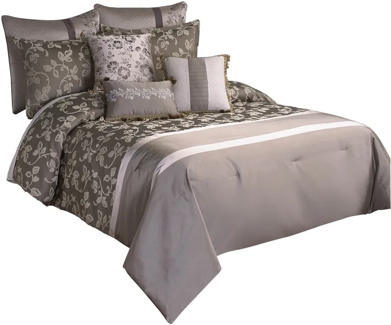 10 Piece King Polyester Comforter Set with Leaf Print, Platinum Photo 1