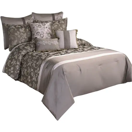 10 Piece King Polyester Comforter Set with Leaf Print, Platinum Photo 1