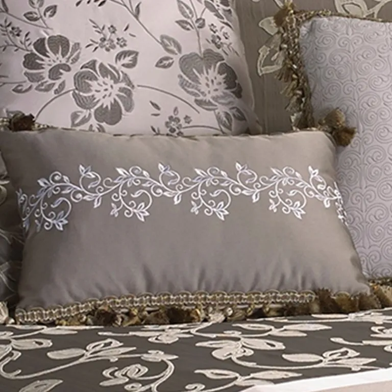 10 Piece King Polyester Comforter Set with Leaf Print, Platinum Photo 3