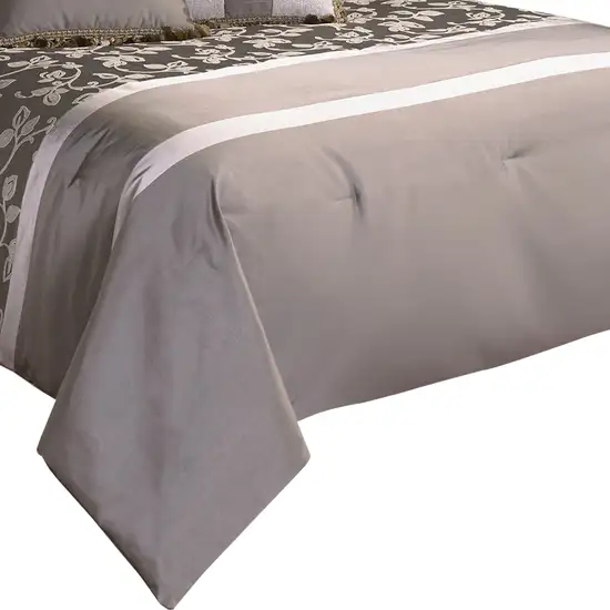 10 Piece King Polyester Comforter Set with Leaf Print, Platinum Photo 2