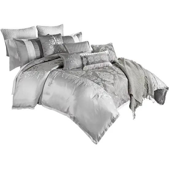 12 Piece King Polyester Comforter Set with Medallion Print, Platinum Photo 1