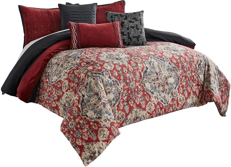 10 Piece King Size Comforter Set with Medallion Print, Red and Blue Photo 1