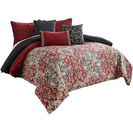 10 Piece King Size Comforter Set with Medallion Print, Red and Blue Photo 1