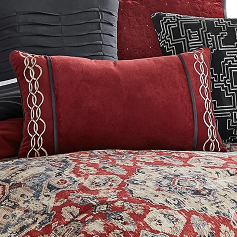 10 Piece King Size Comforter Set with Medallion Print, Red and Blue Photo 2