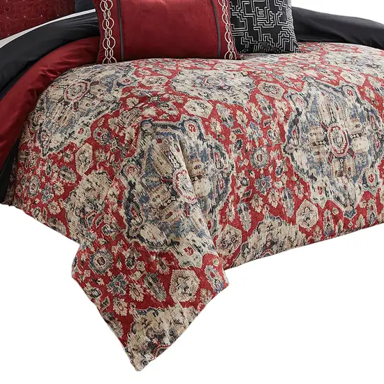 10 Piece King Size Comforter Set with Medallion Print, Red and Blue Photo 5