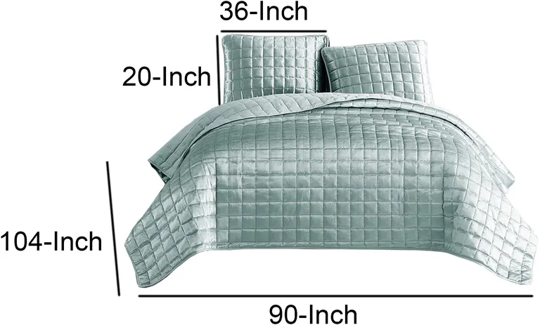 3 Piece King Size Coverlet Set with Stitched Square Pattern, Sea Green Photo 5