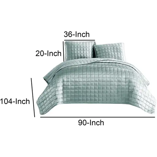 3 Piece King Size Coverlet Set with Stitched Square Pattern, Sea Green Photo 5