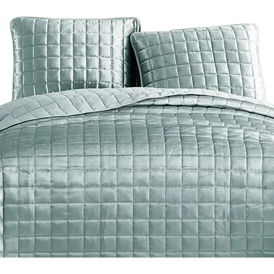 3 Piece King Size Coverlet Set with Stitched Square Pattern, Sea Green Photo 2