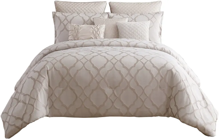 10 Piece King Size Fabric Comforter Set with Quatrefoil Prints Photo 1