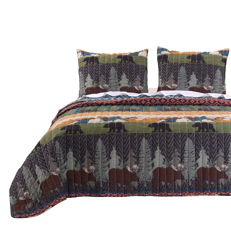 3 Piece King Size Quilt Set with Nature Inspired Print Photo 1