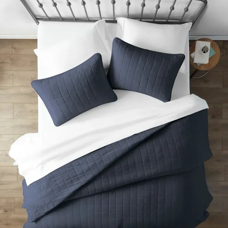 3 Piece Microfiber Farmhouse Coverlet Bedspread Set Navy, Full/Queen Photo 1