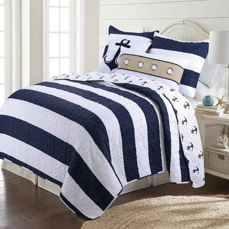 2 Piece Nautical Stripped/Anchors Reversible Microfiber Quilt Set Navy, Twin Photo 1