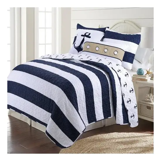 2 Piece Nautical Stripped/Anchors Reversible Microfiber Quilt Set Navy, Twin Photo 1