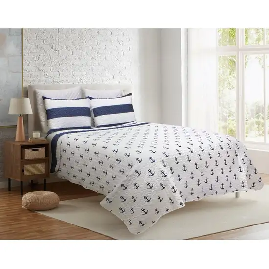 2 Piece Nautical Stripped/Anchors Reversible Microfiber Quilt Set Navy, Twin Photo 2