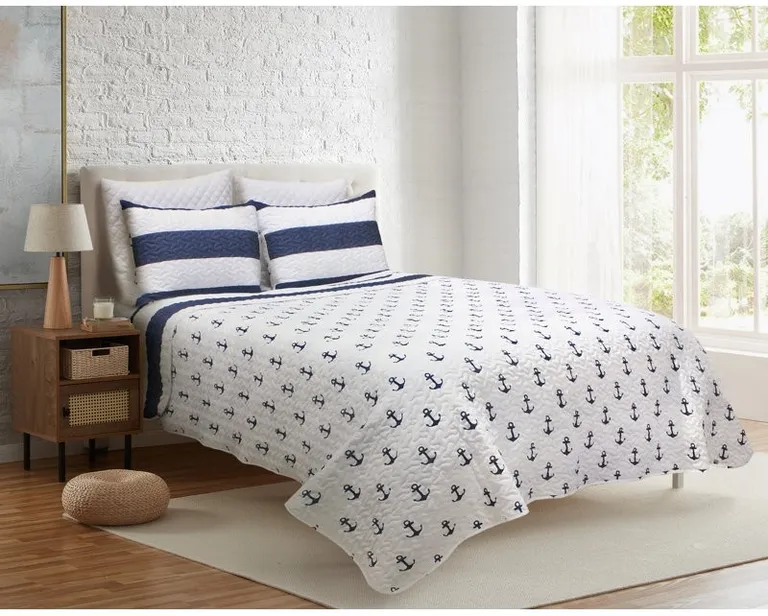 2 Piece Nautical Stripped/Anchors Reversible Microfiber Quilt Set Navy, Twin Photo 2