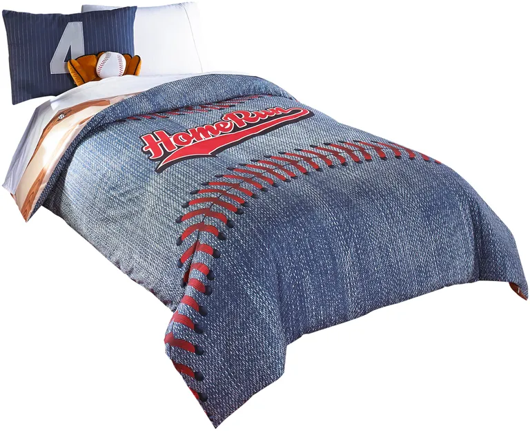 6 Piece Polyester Full Comforter Set with Baseball Inspired Print Photo 1