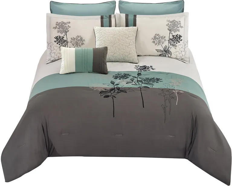 8 Piece Queen Polyester Comforter Set with Floral Embroidery Photo 1