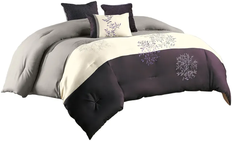 7 Piece Queen Polyester Comforter Set with Leaf Embroidery Photo 1