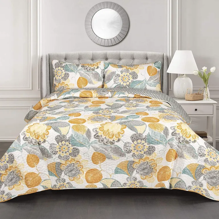 3 Piece Reversible Yellow Grey Floral Cotton Quilt Set in King Size Photo 1