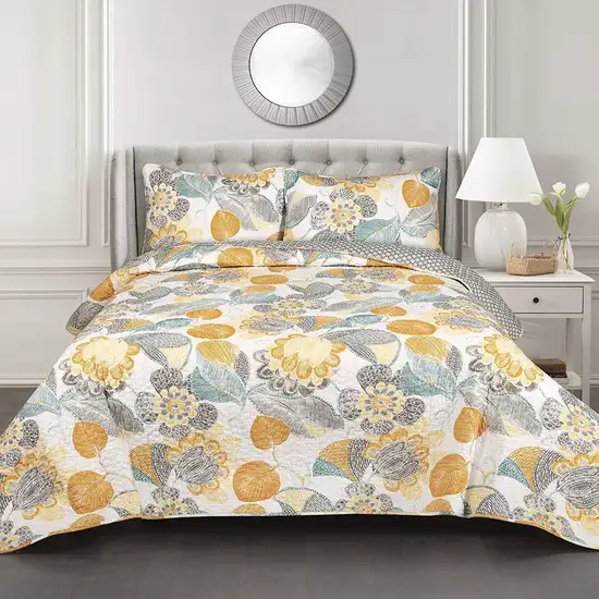 3 Piece Reversible Yellow Grey Floral Cotton Quilt Set in King Size Photo 1