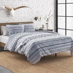 Photo of 3 Piece Scandinavian Blue White Reversible Cotton Bedding Set in King