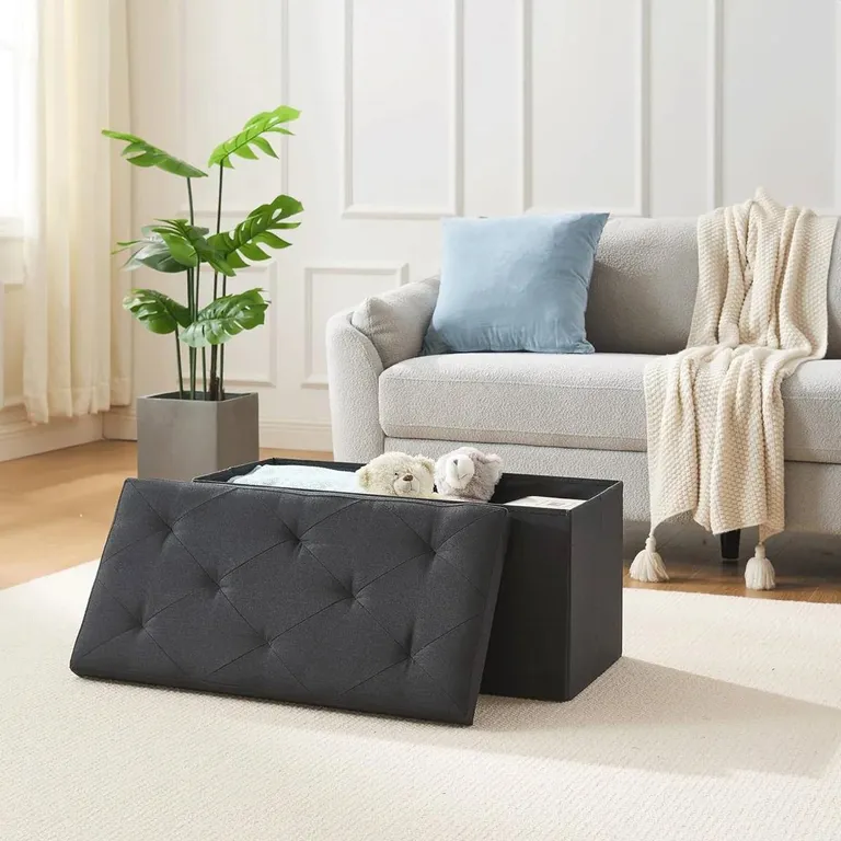 30-in Black Linen Upholstered Bedroom Living Room Entryway Storage Bench Ottoman Photo 2