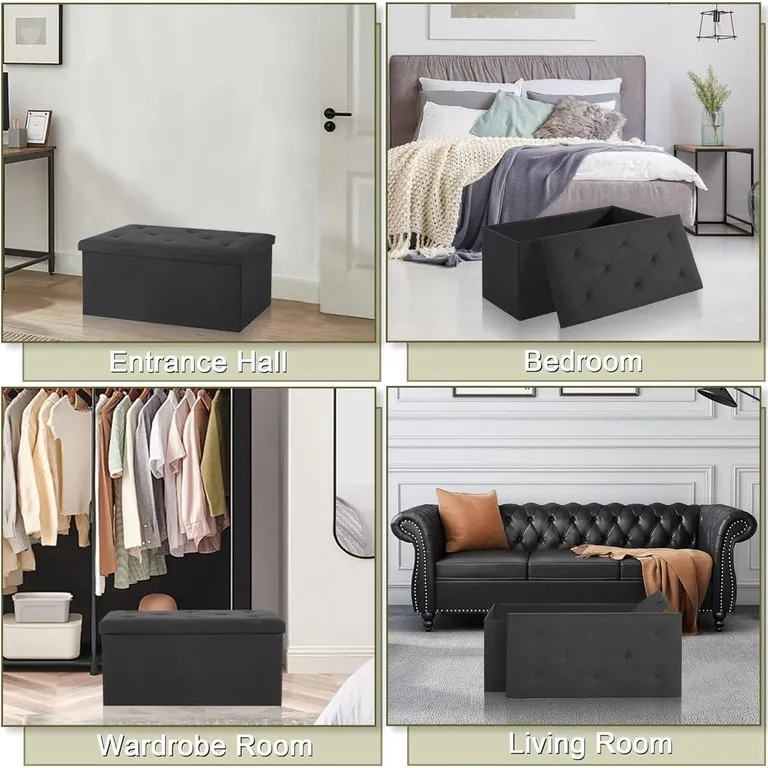 30-in Black Linen Upholstered Bedroom Living Room Entryway Storage Bench Ottoman Photo 4