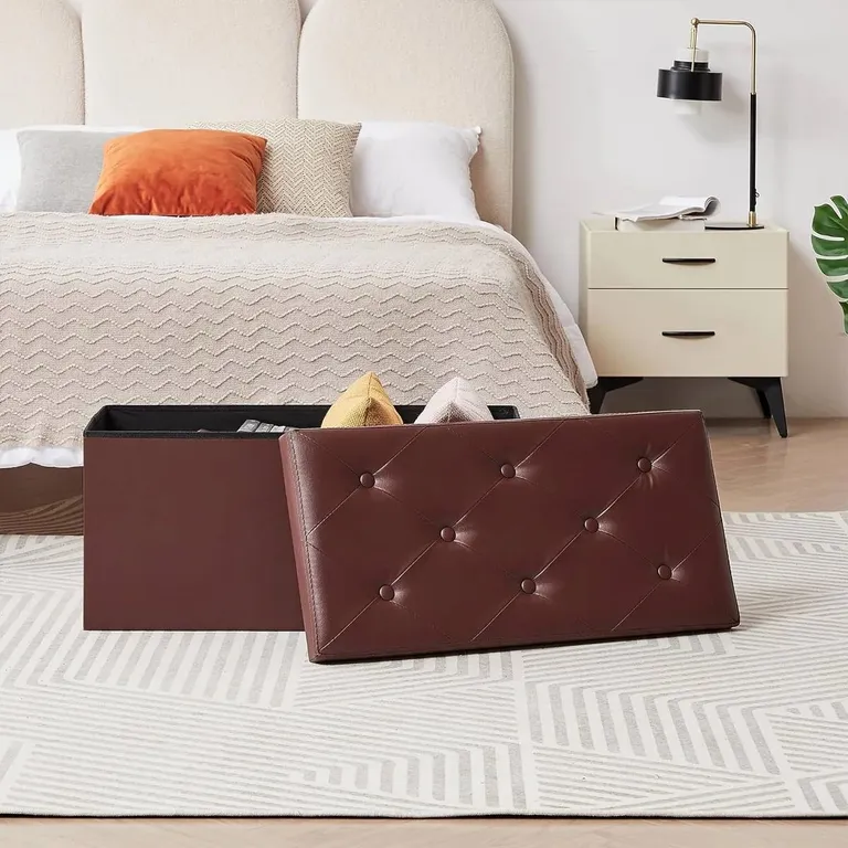 30-inch Brown Faux Leather Upholstered End of Bed Storage Bench Ottoman Photo 3