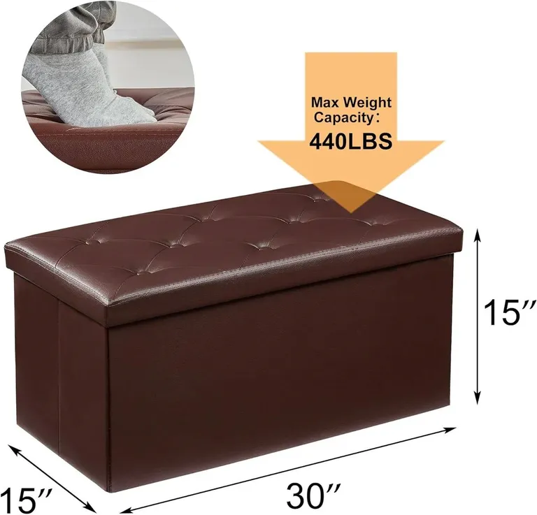 30-inch Brown Faux Leather Upholstered End of Bed Storage Bench Ottoman Photo 5