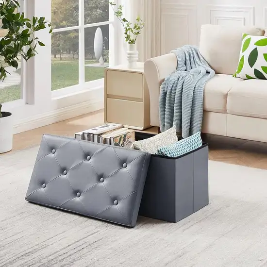 30-inch Light Grey Faux Leather Upholstered End of Bed Storage Bench Ottoman Photo 3