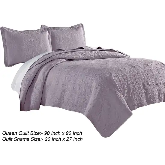 Ada 3 Piece Microfiber Full Size Quilt Set, Mandala Embroidery, Purple Photo 5