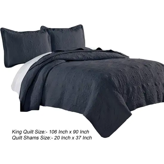 Ada 3 Piece Microfiber King Size Quilt Set, Mandala Embroidery, Indigo Photo 5